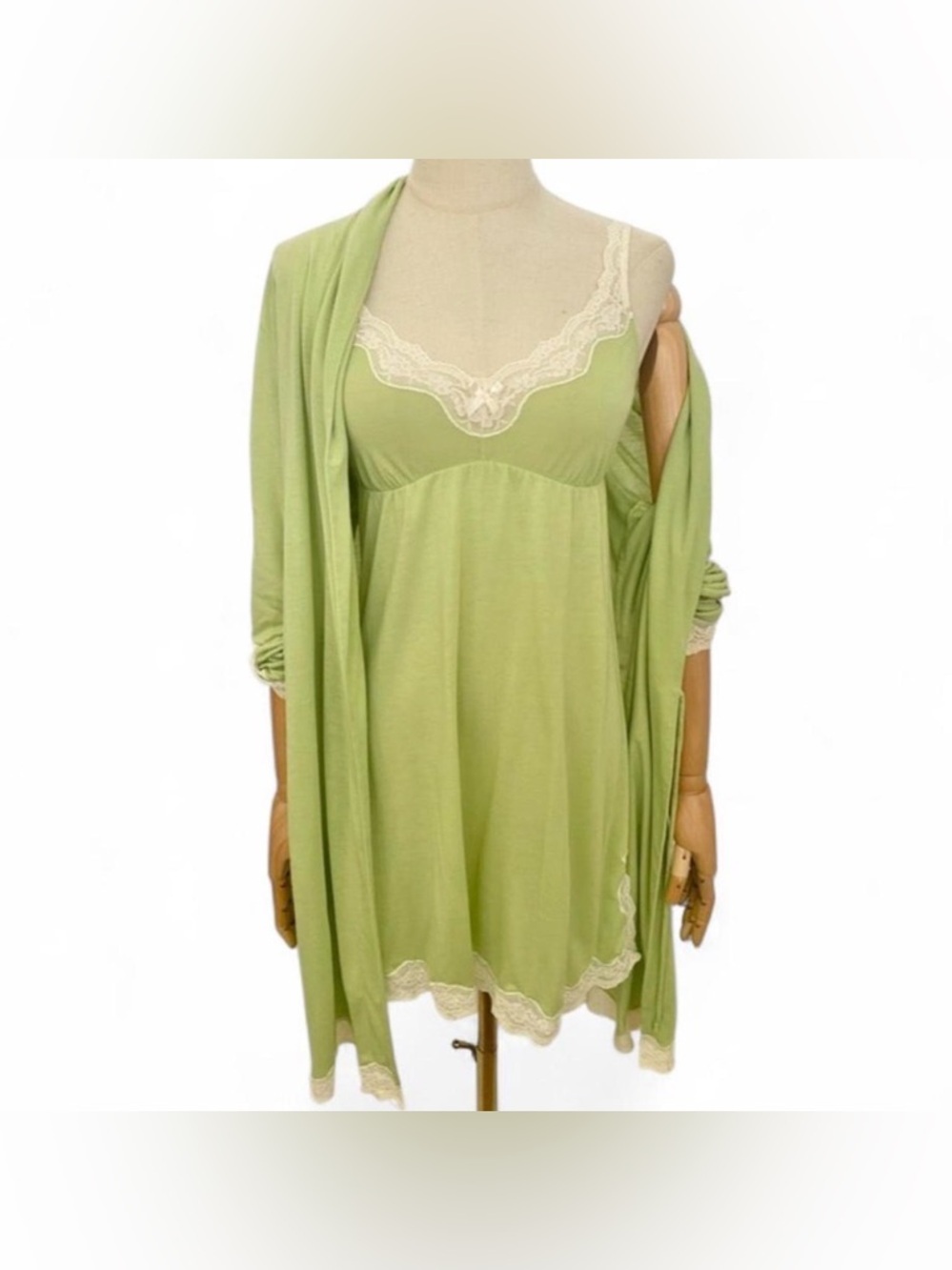 Vintage Eberjey Lace Modal Peignoir Set Pistachio Chemise & Robe Set Lady Godiva